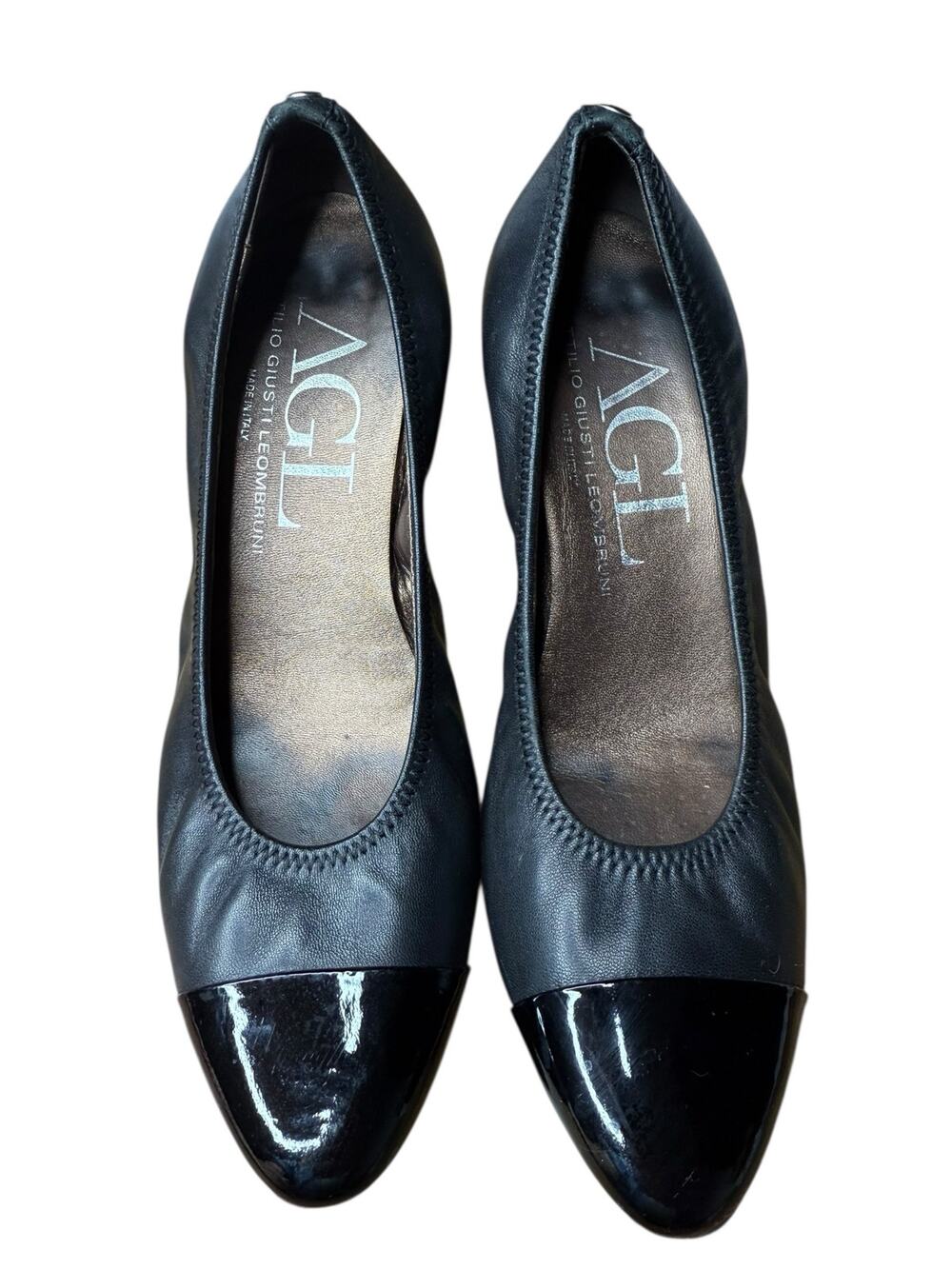 AGL Attilio Giusti Leombruni Black Leather Cap Toe Block Heel Pumps Size 38